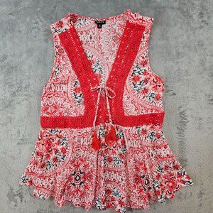 Torrid Top Women's 0/L Multicolor Babydoll‎ Crinkle Gauze Crochet Inset Lace-Up